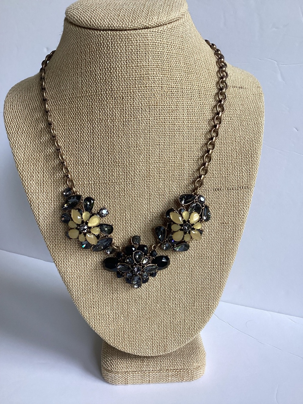 J. Crew Floral Crystal Statement Bib Necklace Black Gold Tone Maximalist